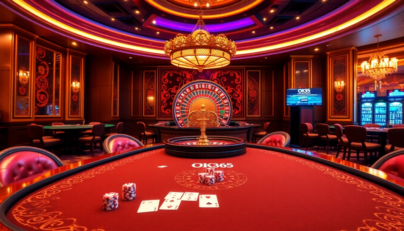 Exciting gambling scene at OK365 casino table with vibrant poker chips and cards.