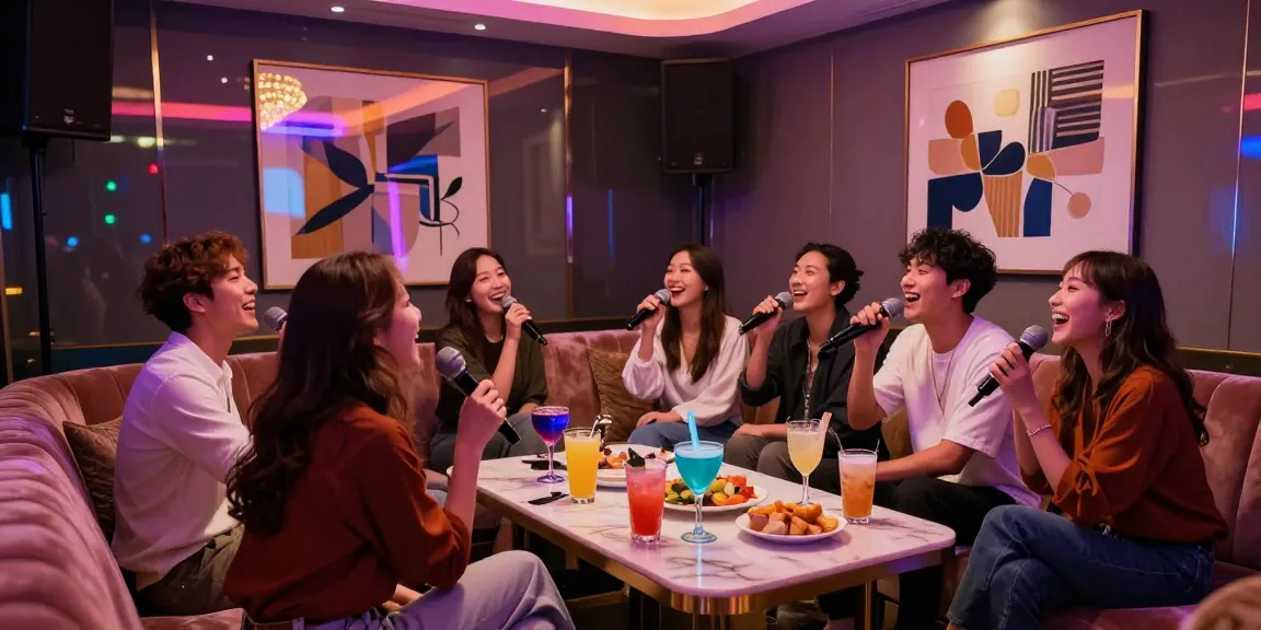 강남 가라오케의 고급스러운 룸에서 친구들과 즐거운 노래를 부르고 있는 모습