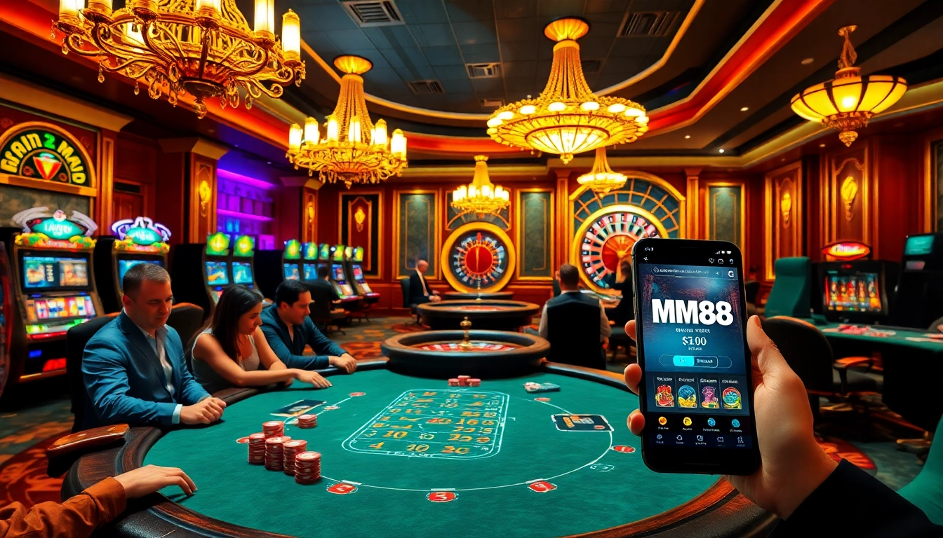 Experience thrilling gameplay at MM88's luxurious casino featuring poker tables, vibrant slot machines, and roulette wheels.