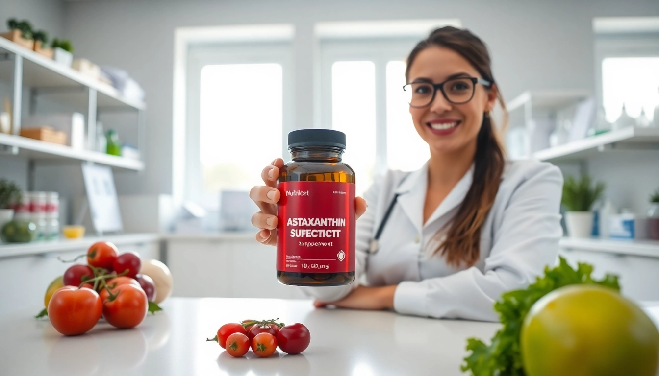 Enhancing wellness with an astaxanthin supplement, health expert showcases benefits in a vibrant lab.