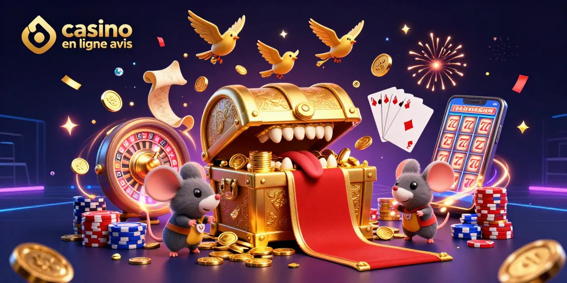 Casino en ligne avis : Explorez notre illustration de riches jeux d'argent animés avec des symboles de casino.