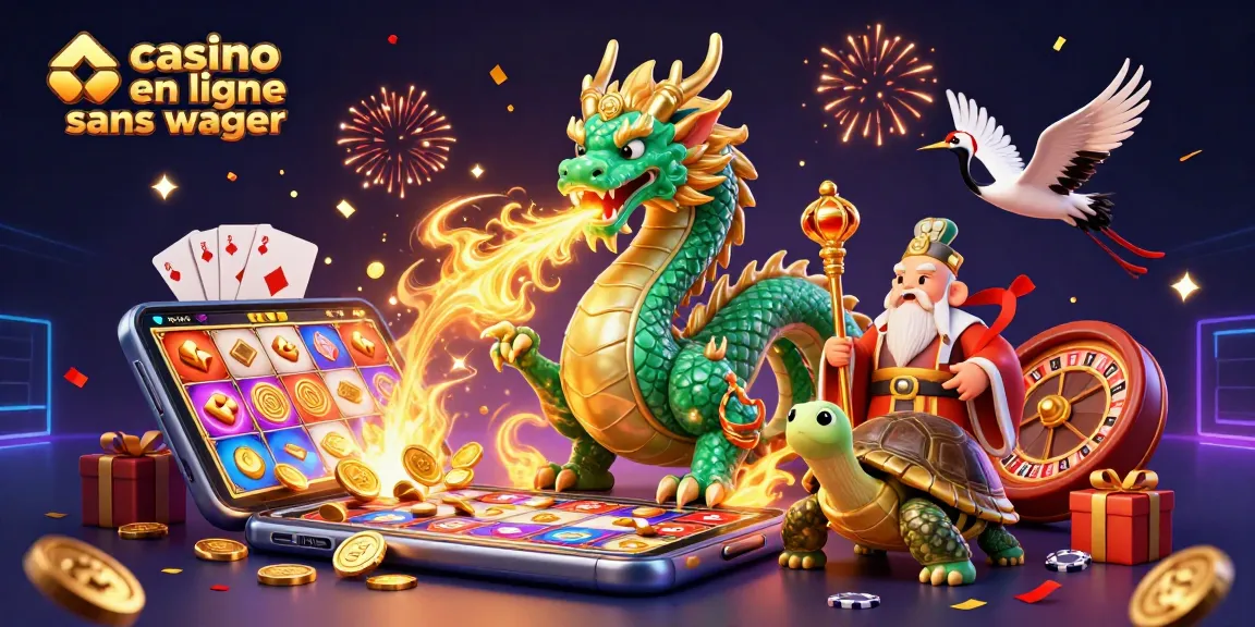Admirez le dragon émeraude dans une scène de casino en ligne sans wager, entouré de jeux et de gains.