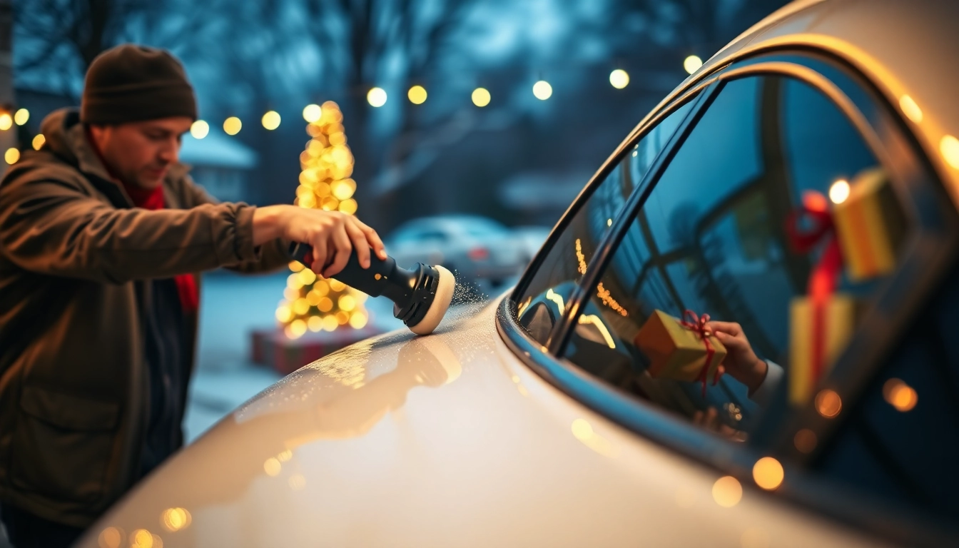 Showcasing a Christmas car detailing gift, a detailer enhances a car's shine amid festive decor.