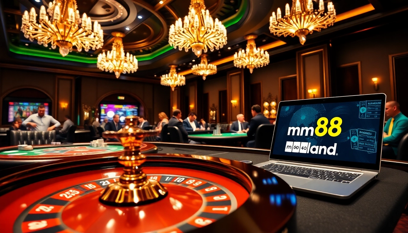 Players engaging in high-stakes poker at a luxurious casino scene on mm88.land, surrounded by vibrant lights and rich colors.