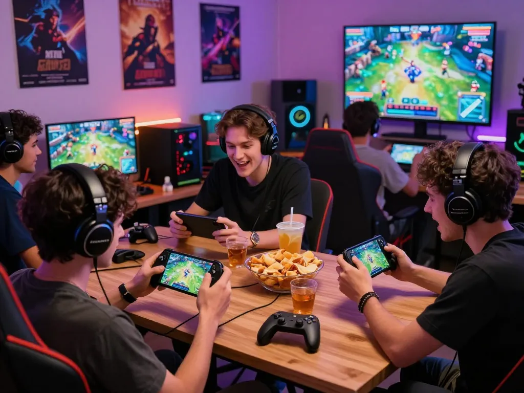 Exciting gaming atmosphere with players engaged in mobile games on autowin88 platform, showcasing colorful lounge and gaming accessories.