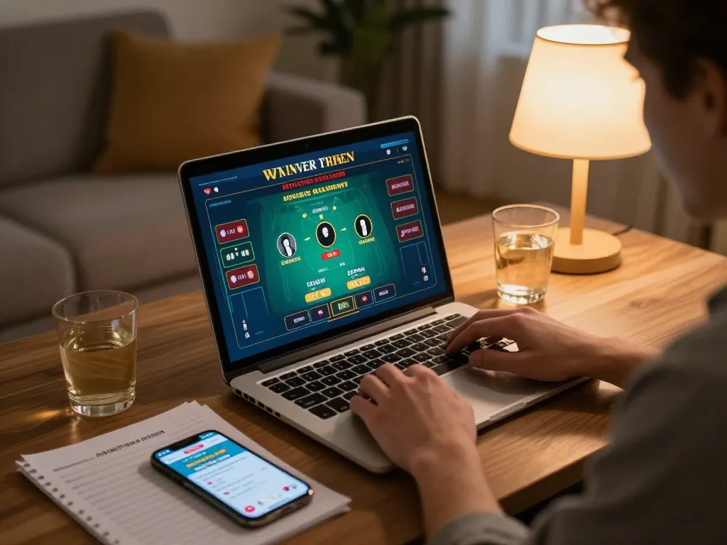 Player enjoying a live dealer game on the laptop with Nhà cái 79king app open for betting.