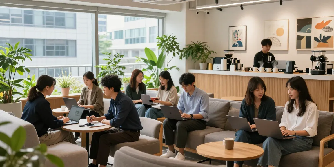강남쩜오 멀리건의 편안하고 현대적인 업무 공간에서 사람들과의 협업을 즐기는 젊은 전문가들