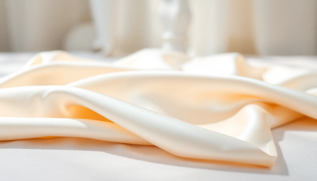 Satin stof met een glanzende textuur en luxueuze uitstraling op een zachte achtergrond.