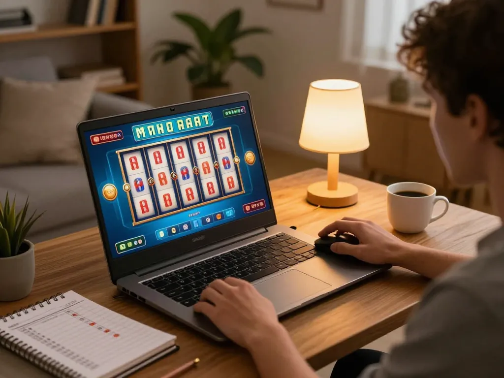 Player engaging with a Mahjong slot game on a gaming laptop at home