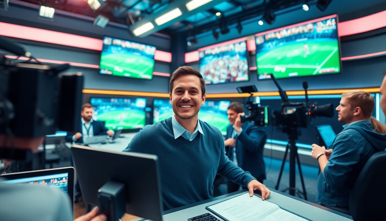 Dynamic sports broadcasting scene with enthusiastic crew and vibrant visuals.