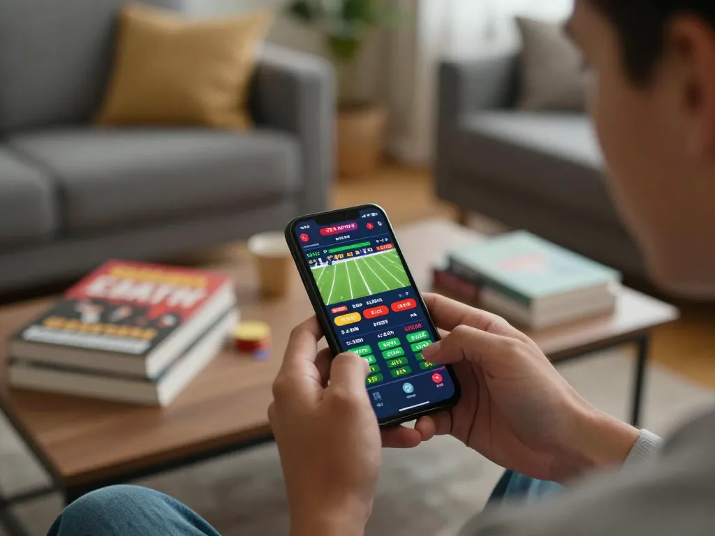 Xoilac user engaging in strategic online sports betting through a smartphone in a cozy setting.