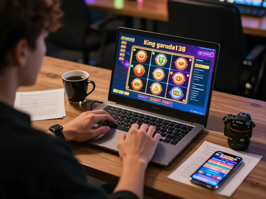 Engaging gameplay on king garuda138 with a player using a laptop and strategy notes.
