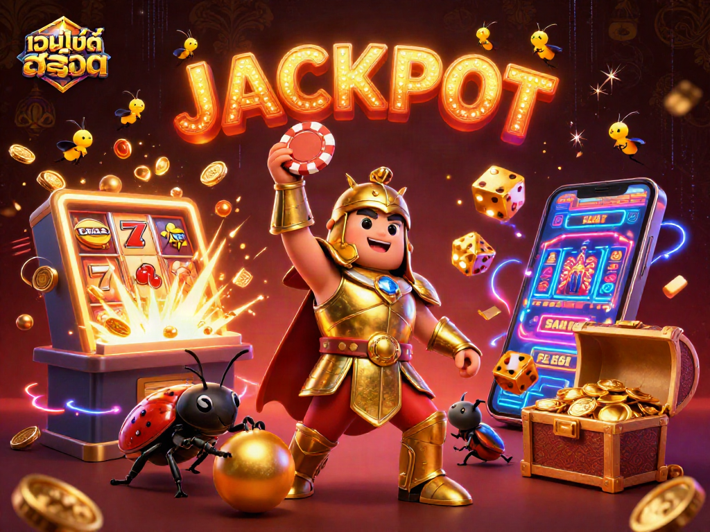 Spin for wins at เว็บไซต์สล็อต, featuring a victorious beetle with lavish casino elements.