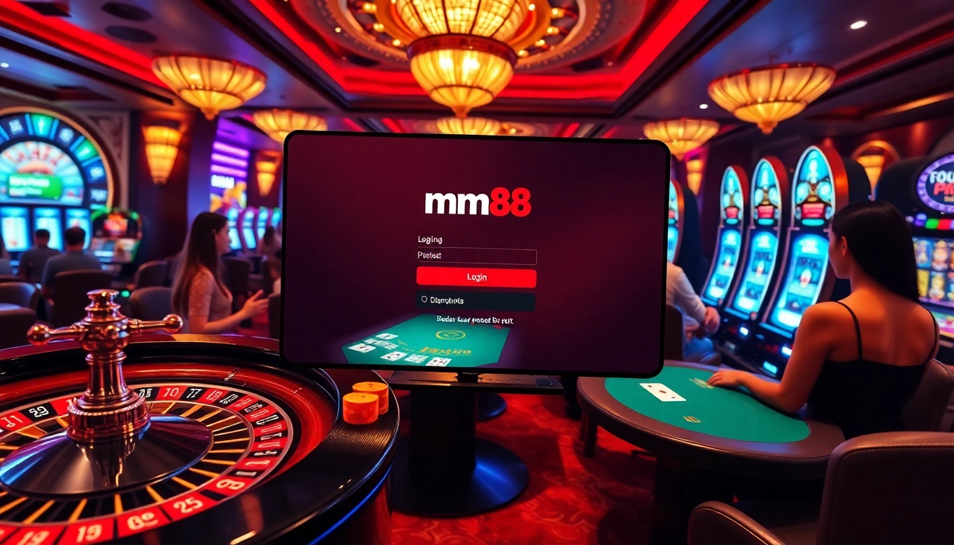 Experience mm88 đăng nhập at a vibrant casino scene featuring players at roulette and poker tables.
