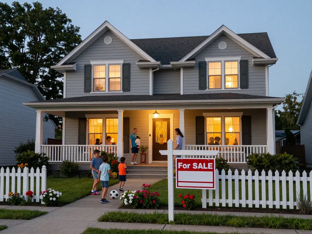 Sell my home urgently scene of family outside their charming house with 'For Sale' sign, evoking warmth and opportunity.