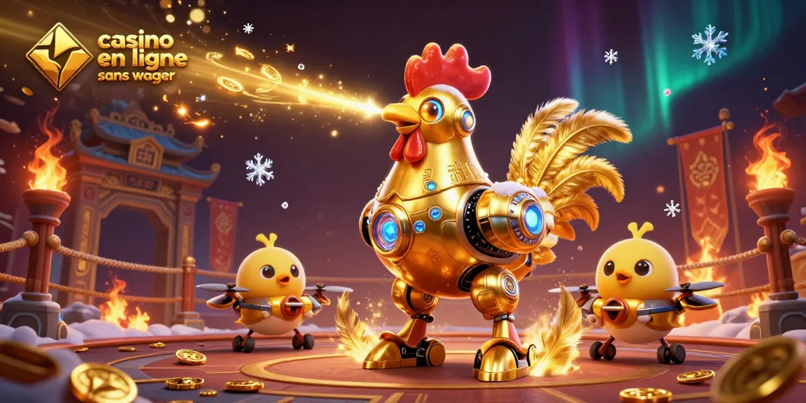 Visuel captivant illustrant un casino en ligne sans wager, avec un robot coq futuriste et des drones-chouquettes.
