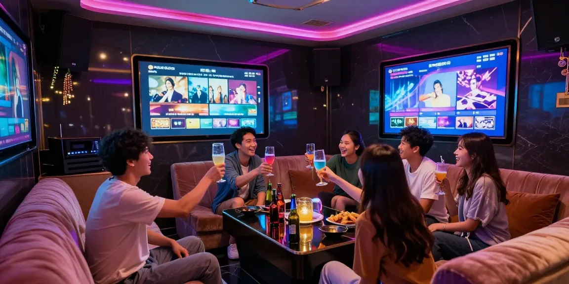 강남 가라오케에서 친구들과 즐거운 시간을 보내는 모습과 화려한 조명 장식