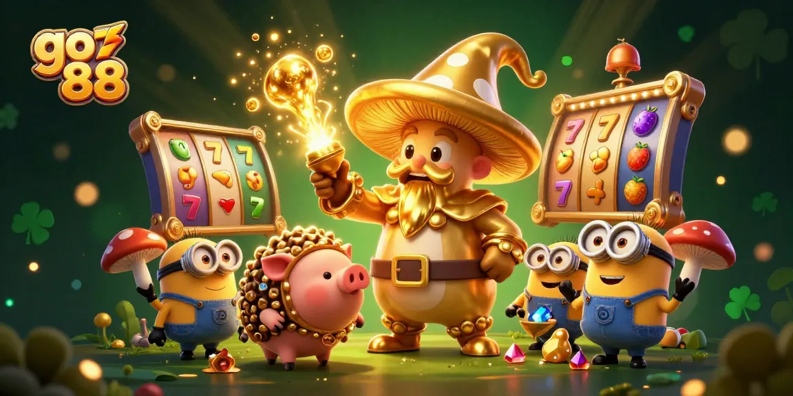 Go 88 players enjoying the thrill of big wins with vibrant 3D slot reels and magical characters.