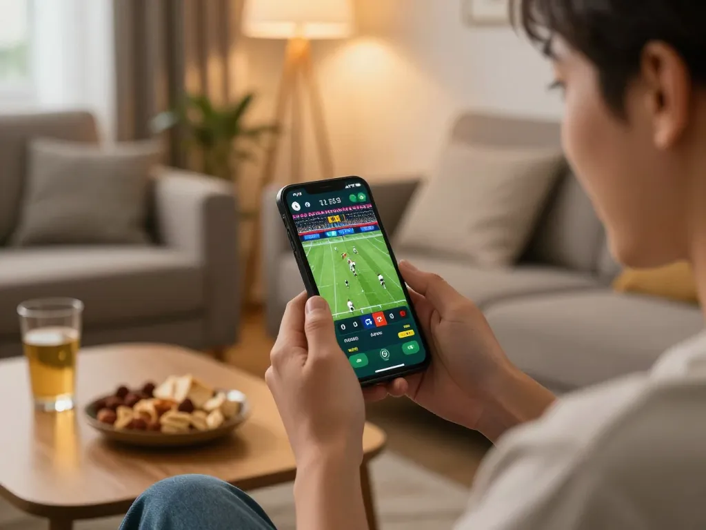 Engaging in live BK8 sports betting on smartphone in cozy home setting, illustrating exciting gaming experience.