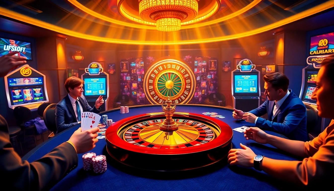 An engaging scene of online gambling at fabet3.com with vibrant poker tables and slot machines.