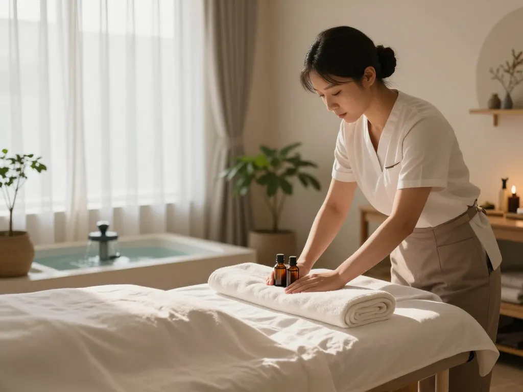 편안한 치료 공간을 준비하는 평온한 치료사를 보여주는 논현동마사지의 차분한 환경.