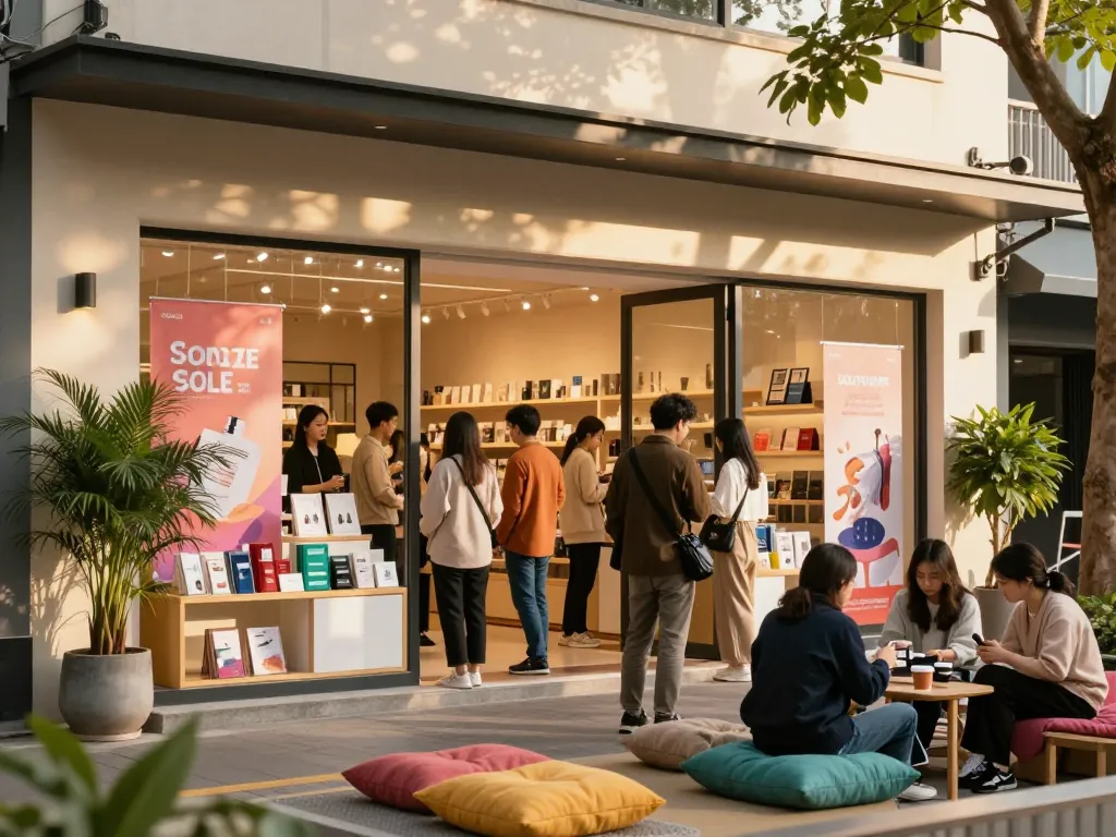 Shop while exploring new products at https://hubet88.icu/ with vibrant storefront and shoppers enjoying their experience.