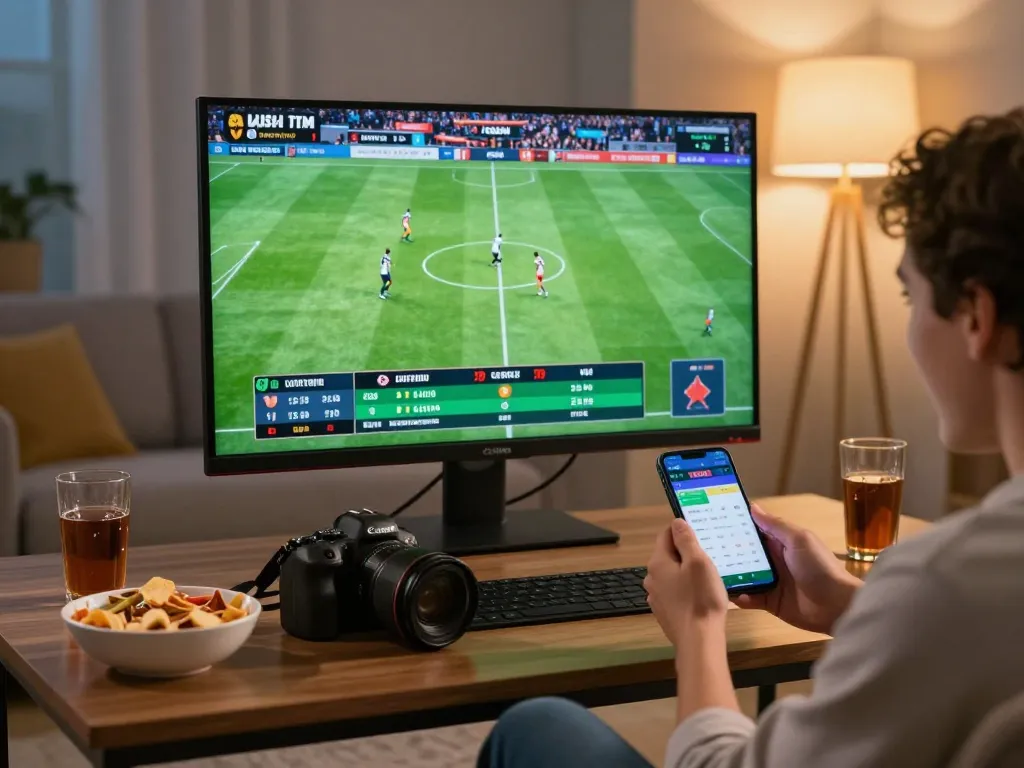 Engaging home sports betting scene with a person using https://tr88.baby/ for live bets.