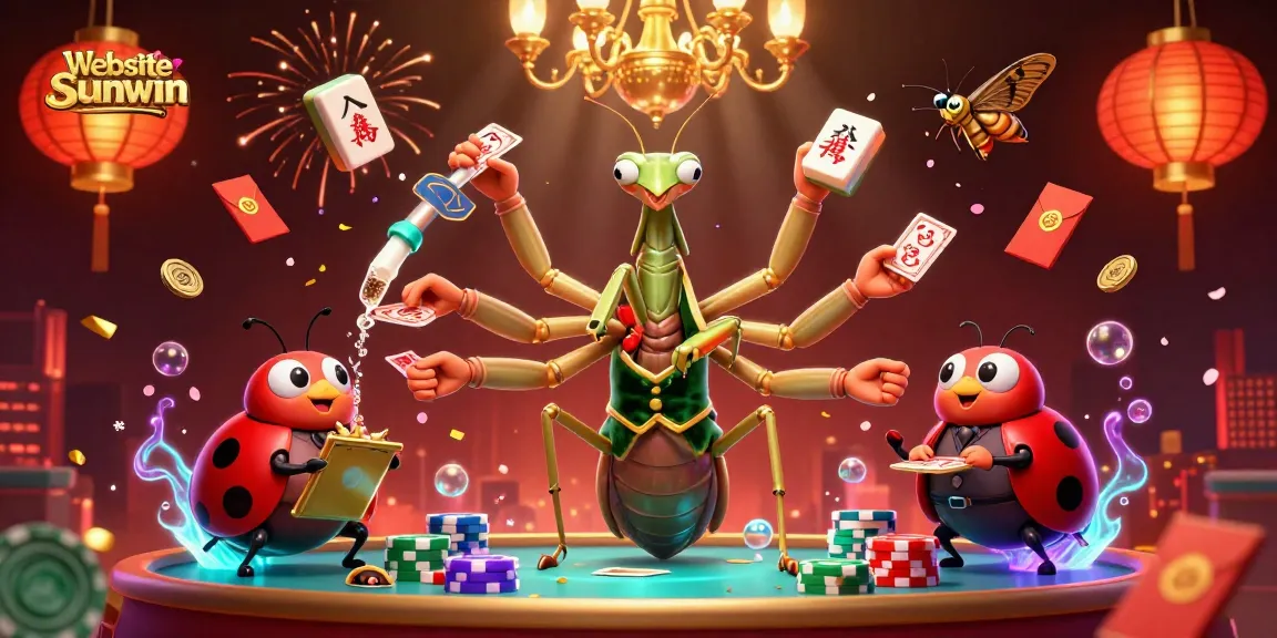 Engage in thrilling games at Website Sunwin, where a giant praying mantis deals cards and a ladybug oversees a vibrant casino scene.