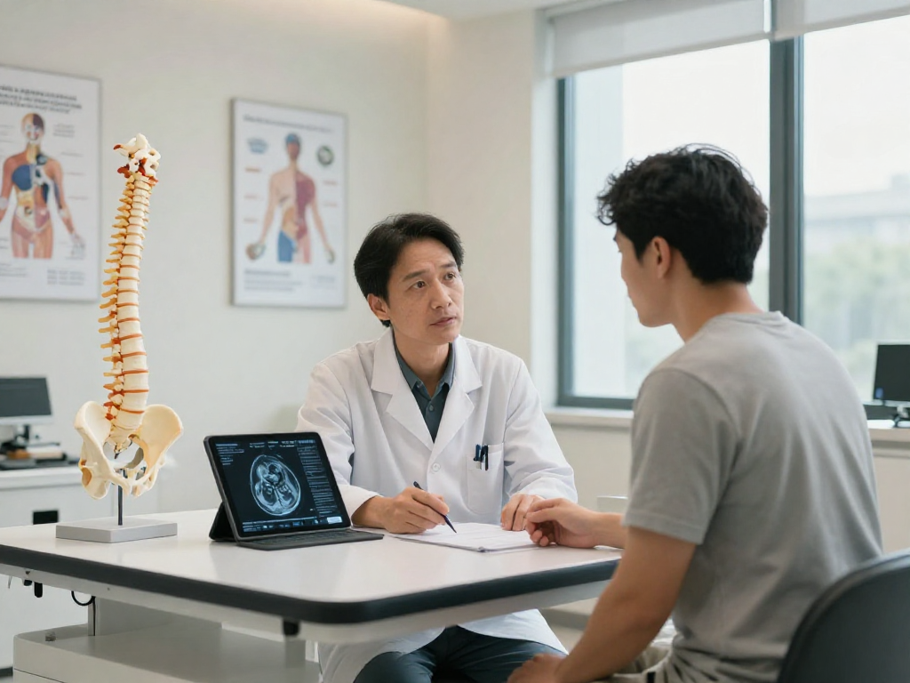Bel kayması ameliyatı consultation with orthopedic surgeon in modern clinic setting.
