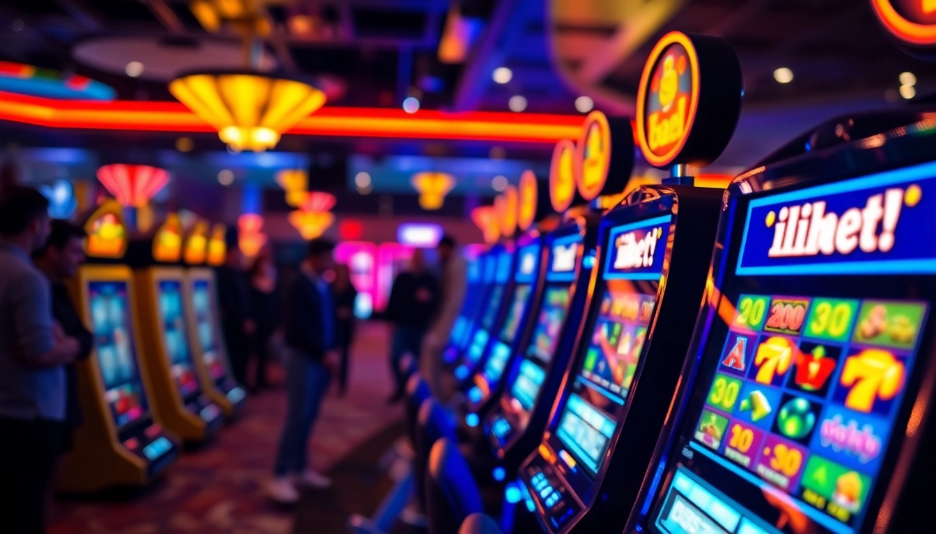 Mainkan ibet44 slot dengan mesin slot berwarna cerah dan suasana kasino yang energik.