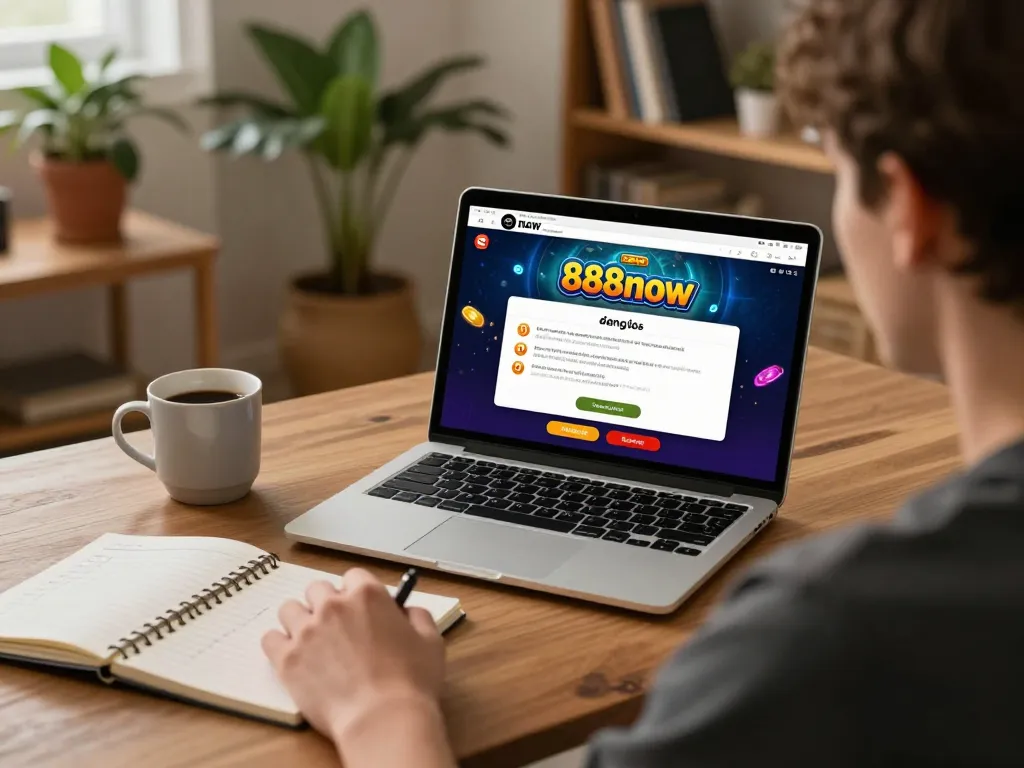 Engaging scene of a user accessing 888now đăng nhập for online gambling from a cozy home setting.