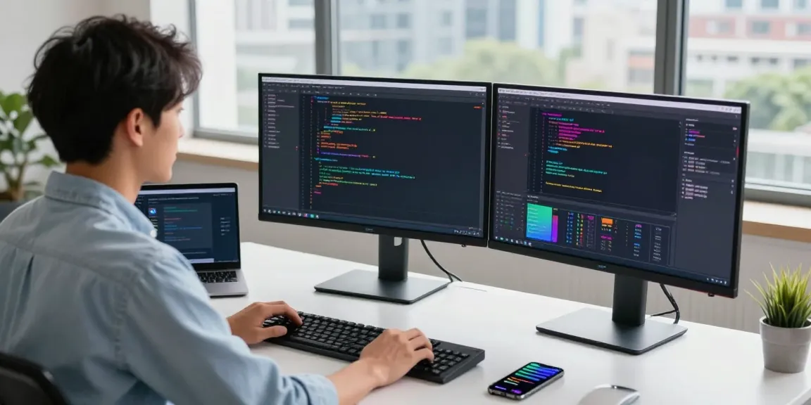 Developer coding at a modern workspace, highlighting the 纸飞机中文版官网 in a vibrant tech environment.