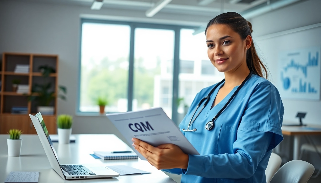 Reviewing CQM certification materials in a modern office space.