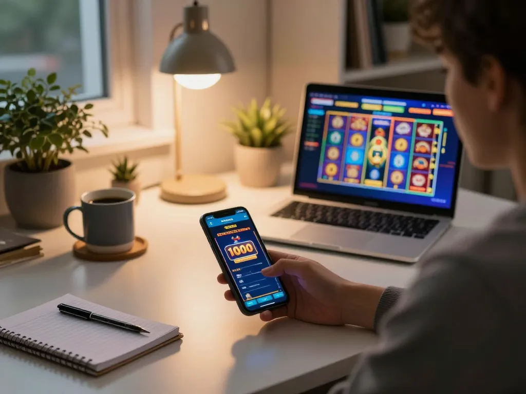 Using a smartphone for slot deposit 1000 in an online casino gaming environment with personalized decor.