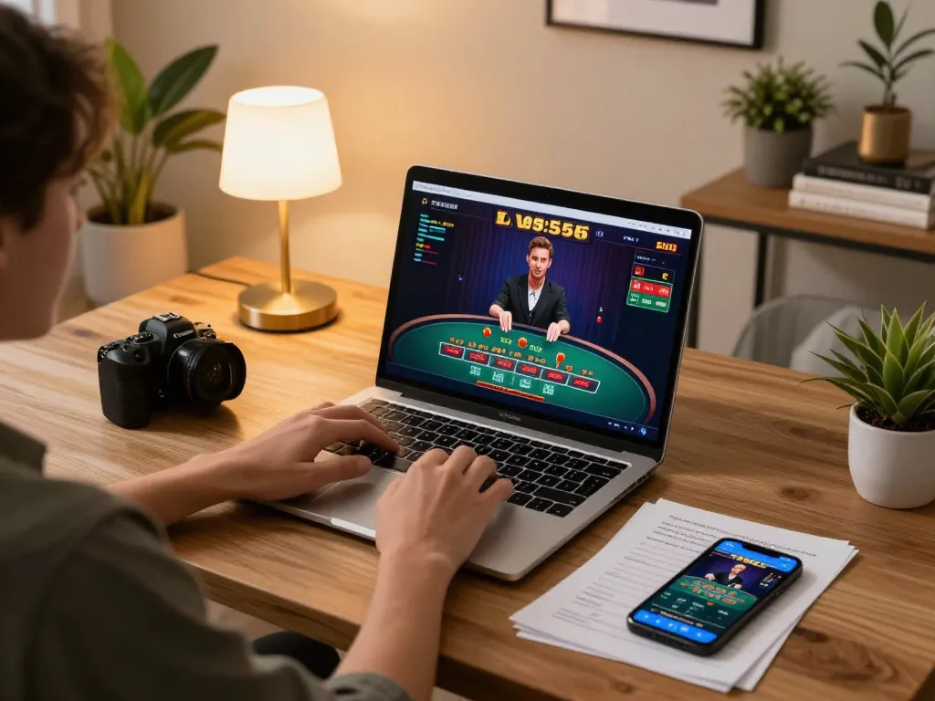 Player engaging with BL555 live casino on laptop at home while analyzing betting strategies