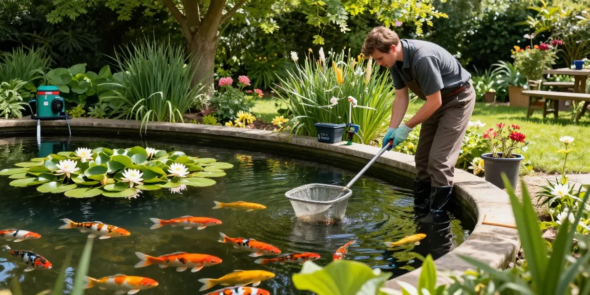 Pond Clean Sussex services showcase a professional cleaning a koi pond in a lush garden setting.