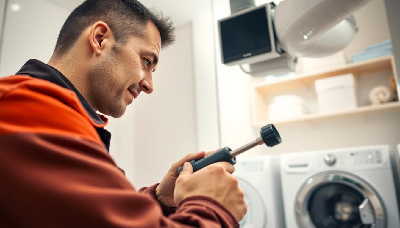Dryer Vent Repair service by a certified technician in a clean laundry room.