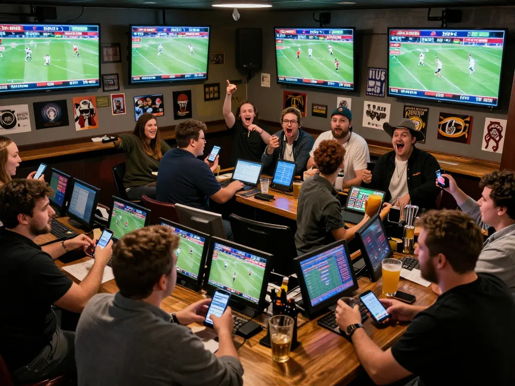 Excited bettors at a sports bar actively engaging in cacuocbongda, placing wagers while enjoying live matches.