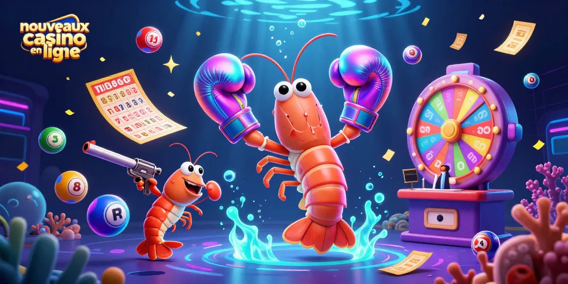 Illustration dynamique des nouveaux casinos en ligne avec des personnages marins et des éléments de loterie.