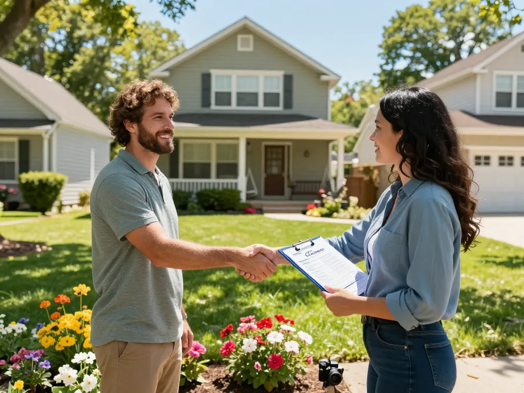 Cash home buyers meet with a homeowner, offering a cash deal in a sunny neighborhood.