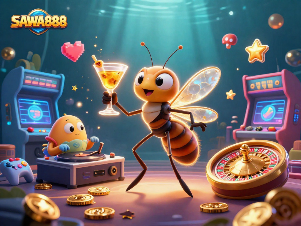 Experience the vibrant excitement of SAWA888 with a lively casino scene featuring unique characters and dynamic game elements.