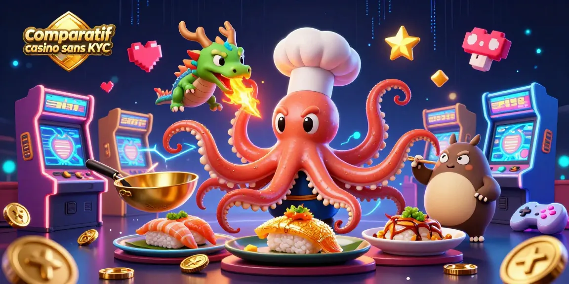 Comparatif casino sans KYC : illustration dynamique qui met en scène un octopus chef et des éléments ludiques