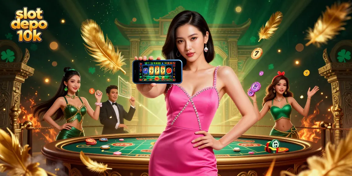 Experience thrill with slot depo 10k as a stunning woman plays a live game on her phone amidst vibrant casino elements.
