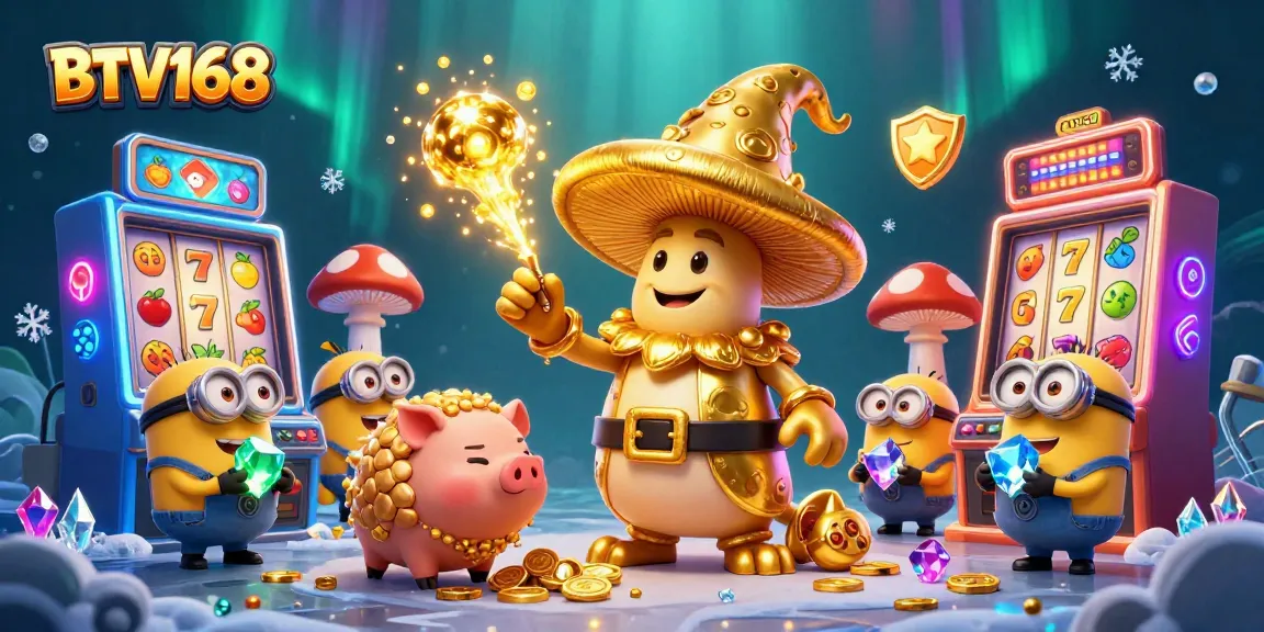 BTV168 elevates the excitement with vibrant slot machines and a magical scene featuring a golden mushroom wizard.
