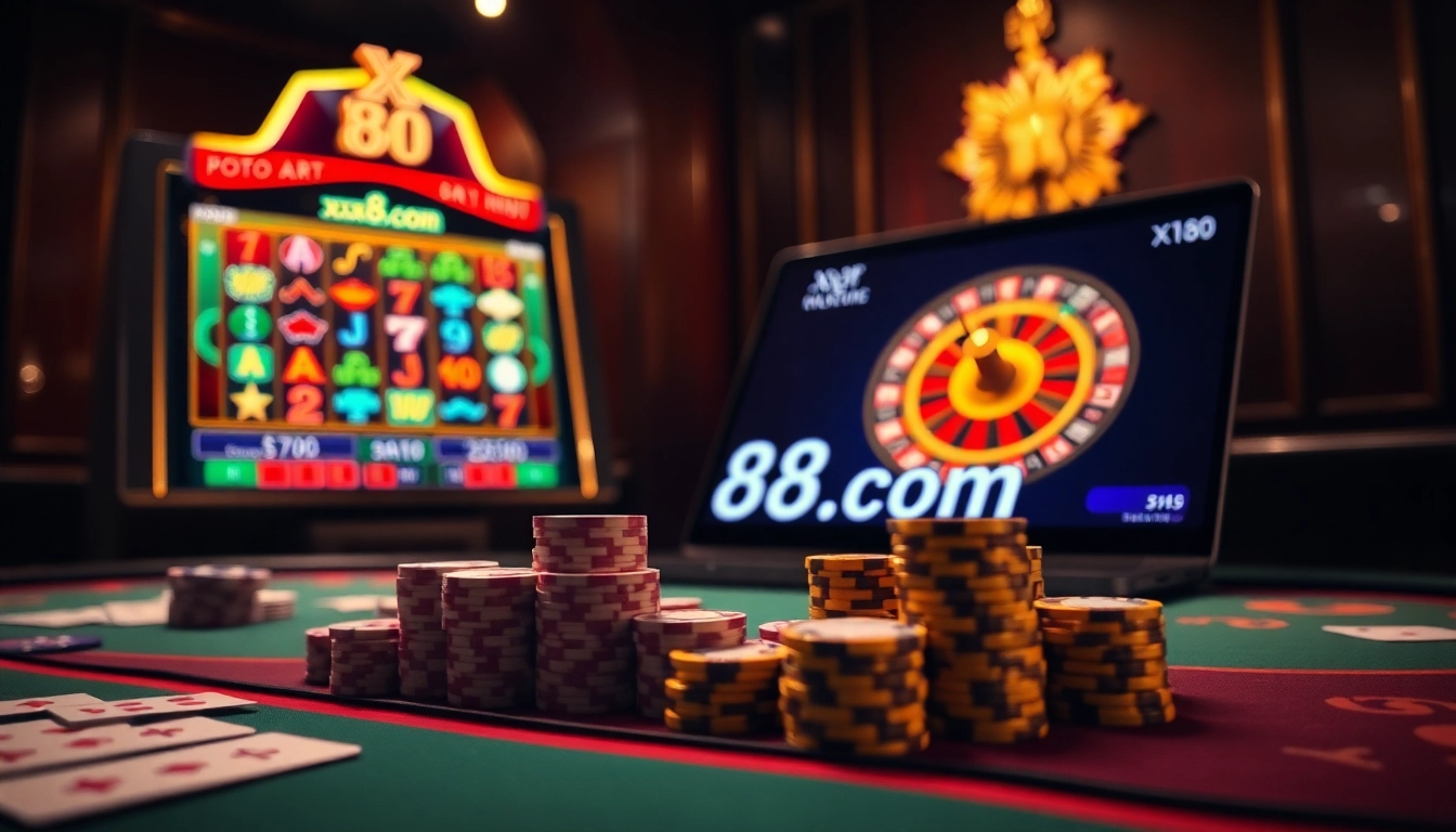 Experience the thrill of gambling at xx88.com with dynamic casino tables and colorful slot machines.