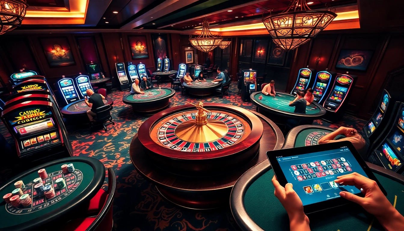 Participez à des jeux passionnants dans un casino en ligne de luxe avec des roues de roulette et des tables de poker.
