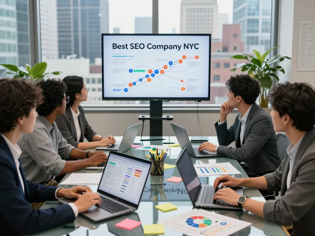 Team strategizing at the Best SEO Company NYC meeting, showcasing dynamic collaboration.