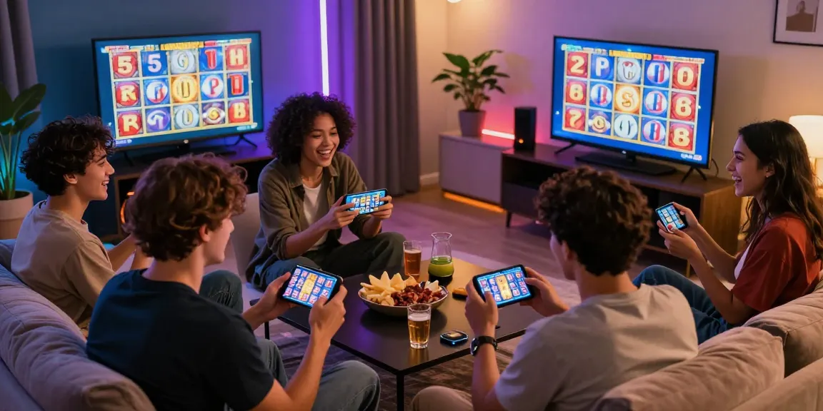 Diverse group celebrating big wins on situs slot games during a cozy home gaming night with vibrant screens.