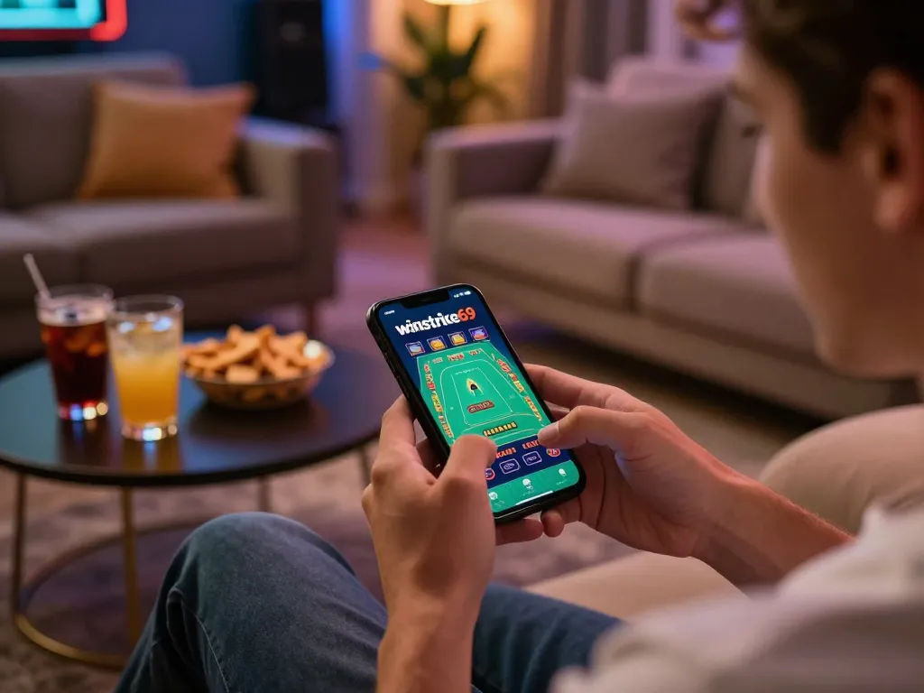 Player engaging with winstrike69 casino app on smartphone amidst a cozy home setting, showcasing vibrant online gaming atmosphere.