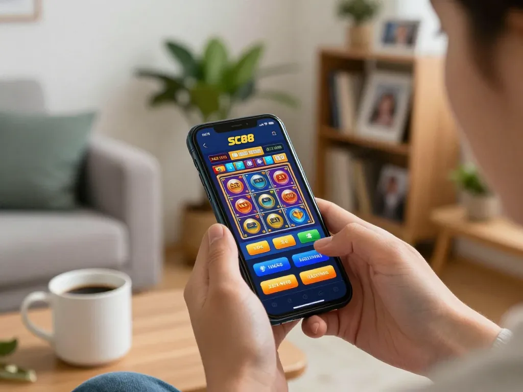 Engaging user playing SC88 Bet on smartphone, vibrant casino app, cozy home setting